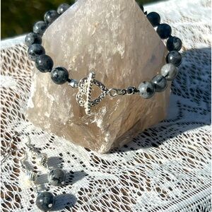 Larvikite hand knotted bracelet with matching earrings